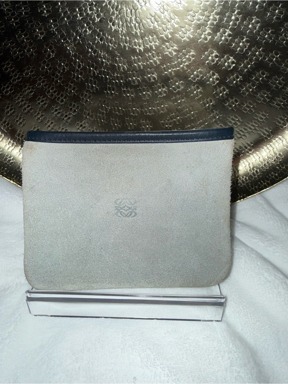 Loewe Light Gray Suede Cosmetic Pouch with Navy Trim